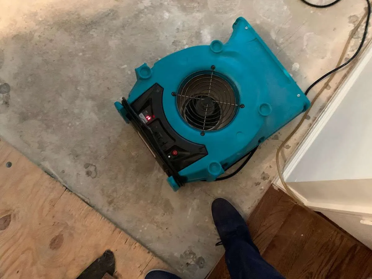 Air mover drying subfloor during Commercial Water Damage Restoration in Littleton